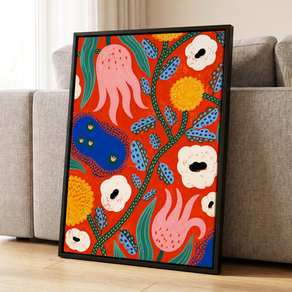 Tangerine Bloom Dance, orange, pink, blue floral wall art displayed in a styled interior, gallery view 4
