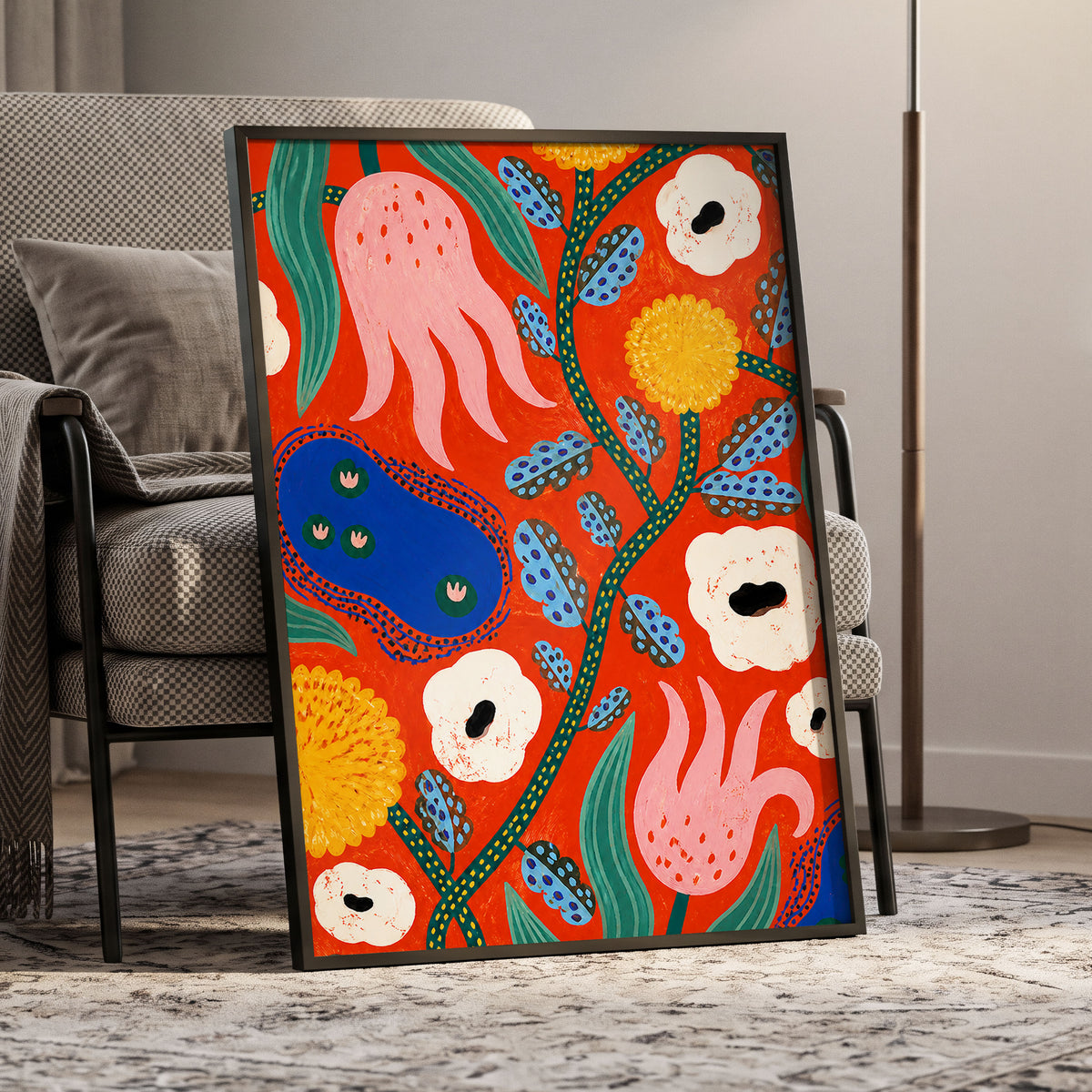 Tangerine Bloom Dance, orange, pink, blue floral wall art displayed in a styled interior, gallery view 6