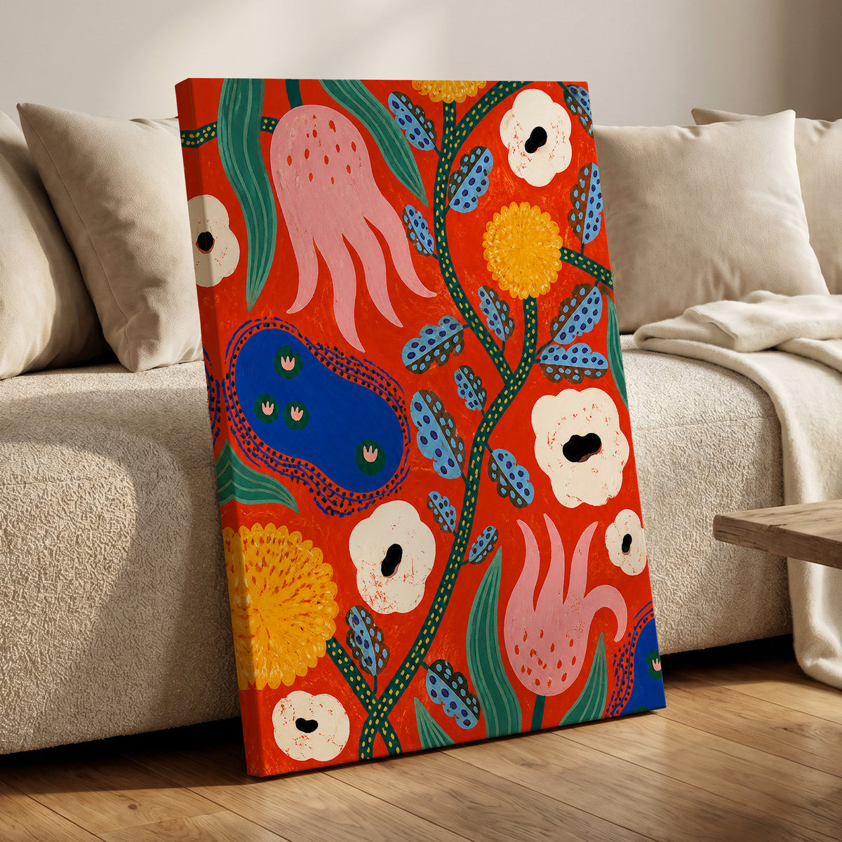 Tangerine Bloom Dance, orange, pink, blue floral wall art displayed in a styled interior, gallery view 7