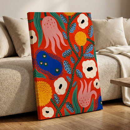 Tangerine Bloom Dance, orange, pink, blue floral wall art displayed in a styled interior, gallery view 7