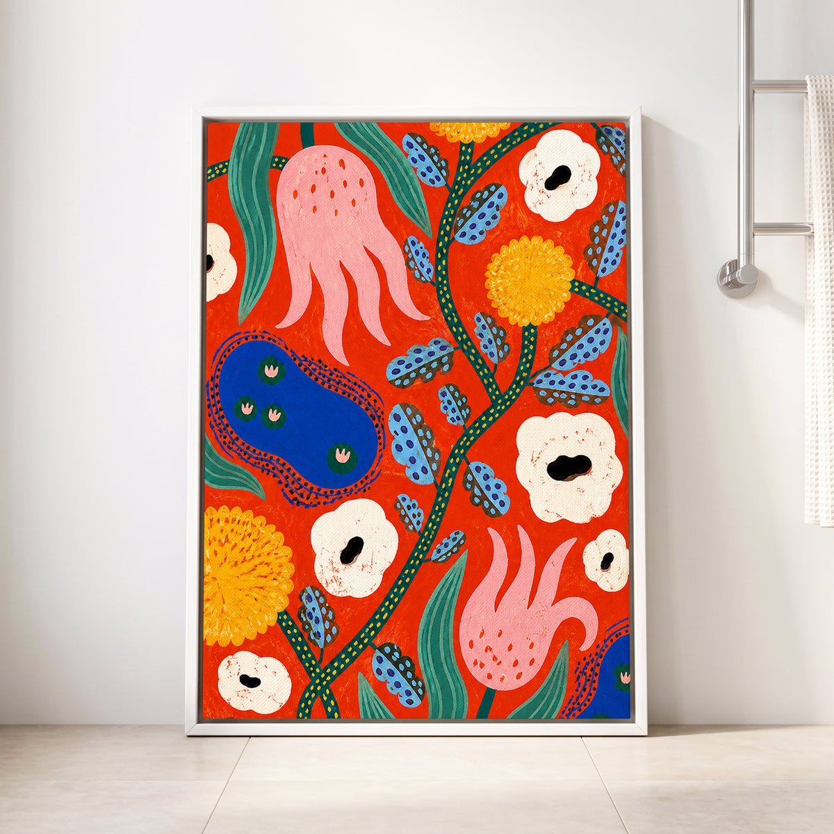 Tangerine Bloom Dance, orange, pink, blue floral wall art displayed in a styled interior, gallery view 8