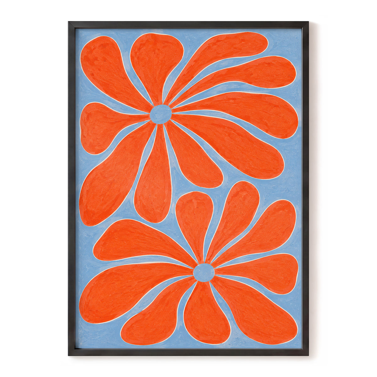 Tangerine Bloom, orange, blue, white floral wall art, front artwork view