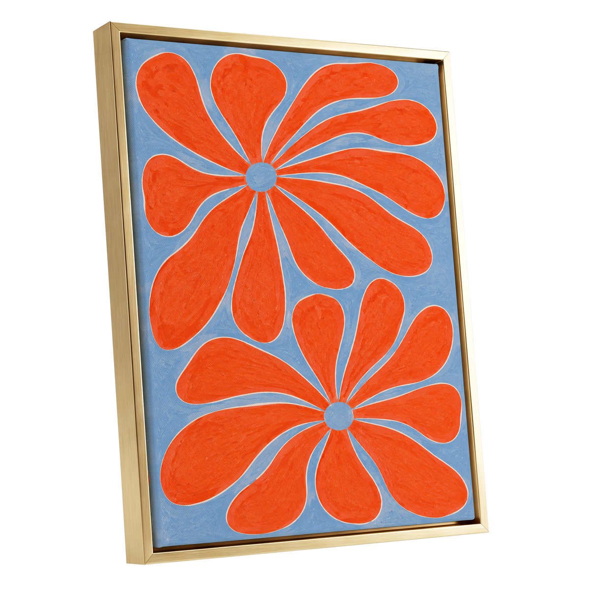 Tangerine Bloom, orange, blue, white floral wall art shown as a gold framed canvas wall art