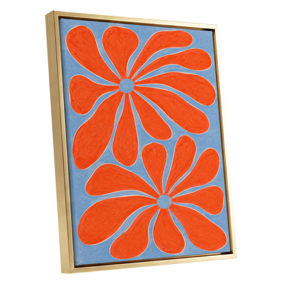 Tangerine Bloom, orange, blue, white floral wall art shown as a gold framed canvas wall art