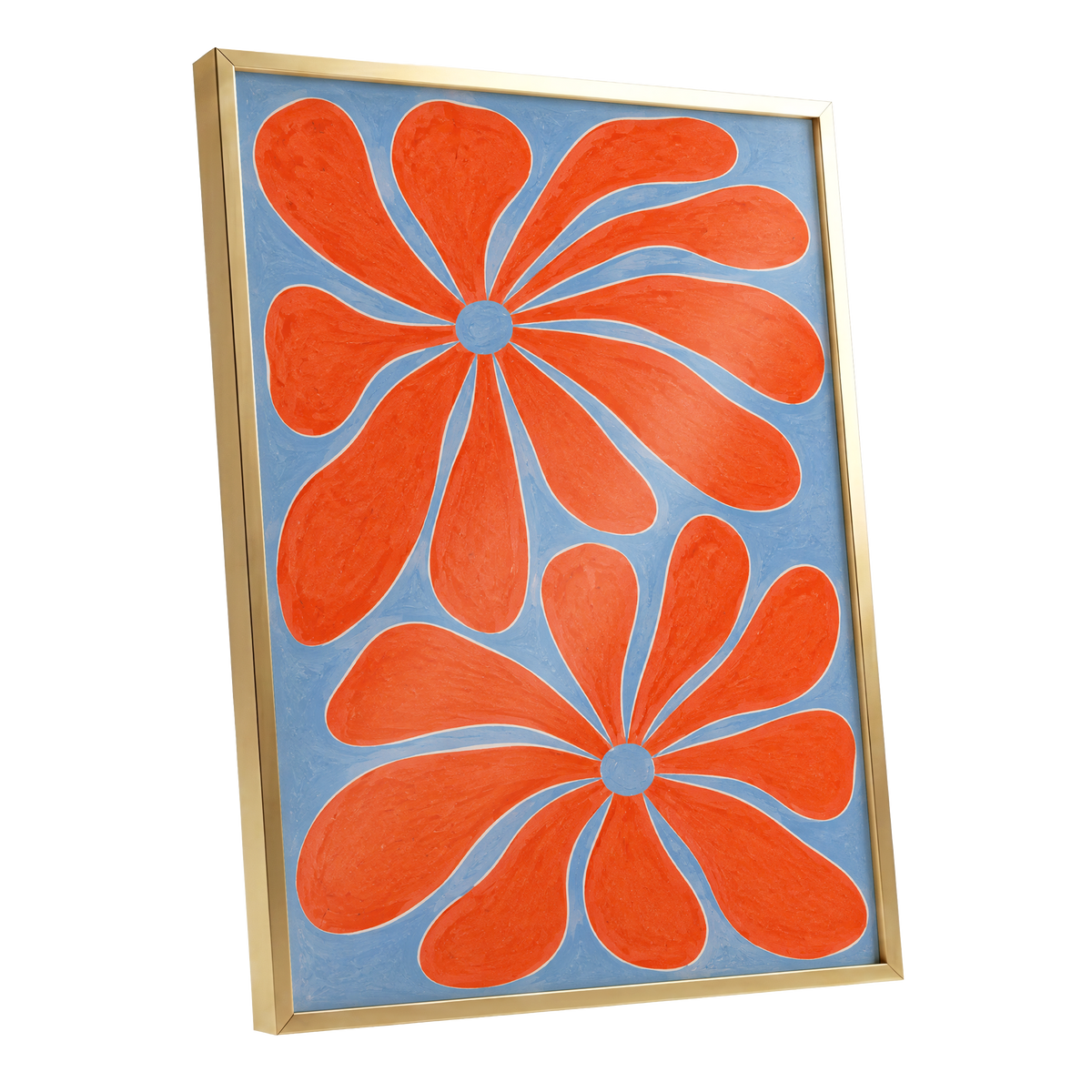 Tangerine Bloom, orange, blue, white floral wall art shown as a gold framed poster wall art print