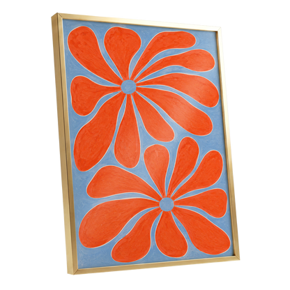 Tangerine Bloom, orange, blue, white floral wall art shown as a gold framed poster wall art print