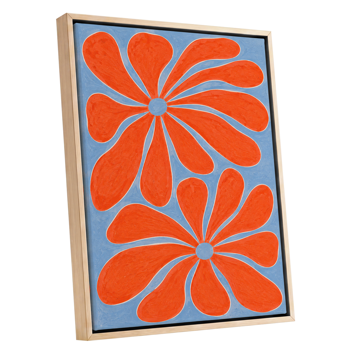 Tangerine Bloom, orange, blue, white floral wall art shown as a oak framed canvas wall art