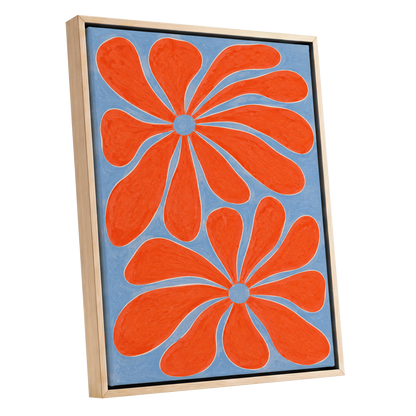 Tangerine Bloom, orange, blue, white floral wall art shown as a oak framed canvas wall art