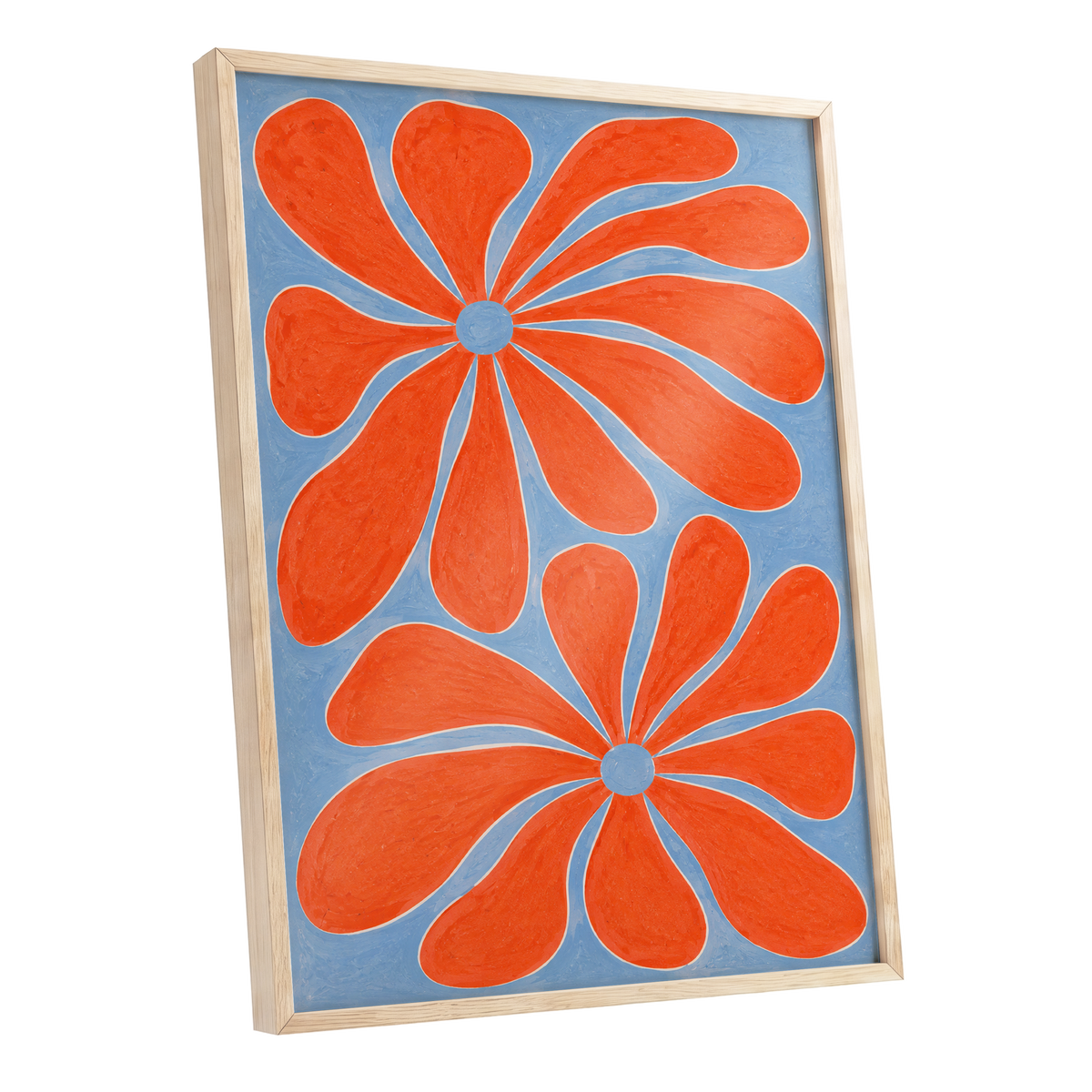 Tangerine Bloom, orange, blue, white floral wall art shown as a oak framed poster wall art print