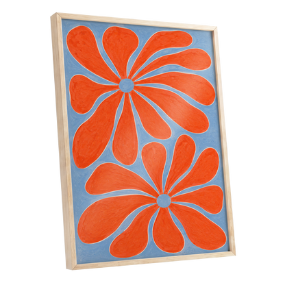 Tangerine Bloom, orange, blue, white floral wall art shown as a oak framed poster wall art print