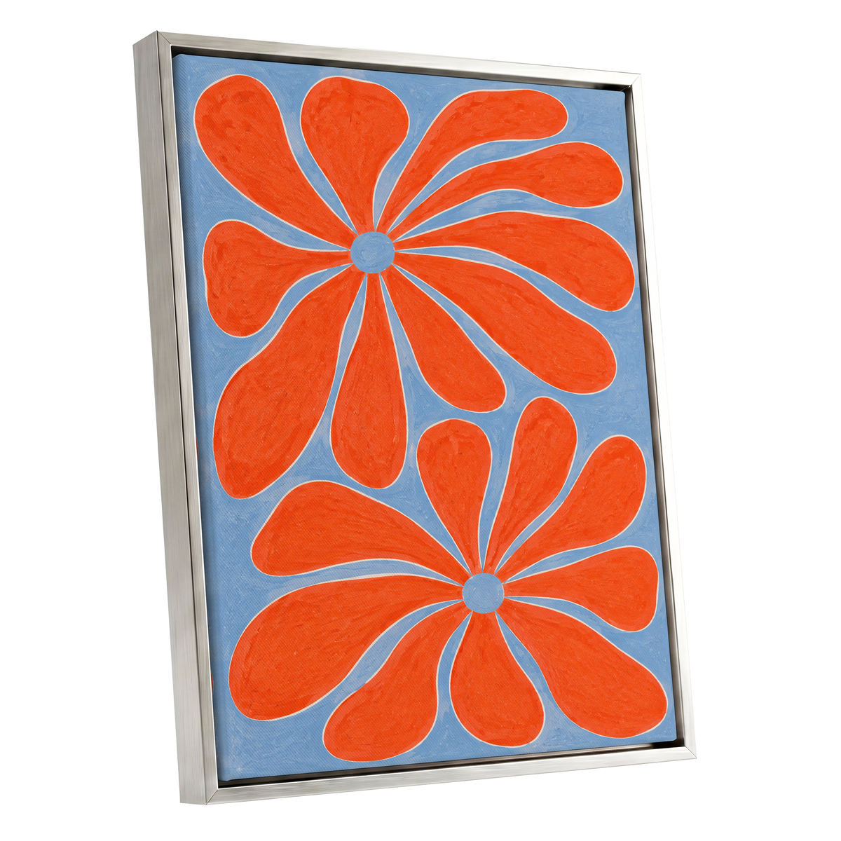 Tangerine Bloom, orange, blue, white floral wall art shown as a silver framed canvas wall art
