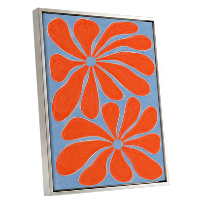 Tangerine Bloom, orange, blue, white floral wall art shown as a silver framed canvas wall art
