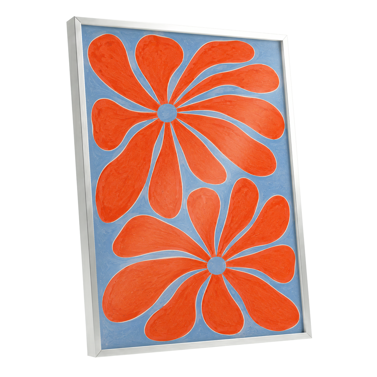 Tangerine Bloom, orange, blue, white floral wall art shown as a silver framed poster wall art print