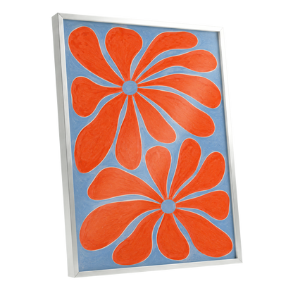 Tangerine Bloom, orange, blue, white floral wall art shown as a silver framed poster wall art print