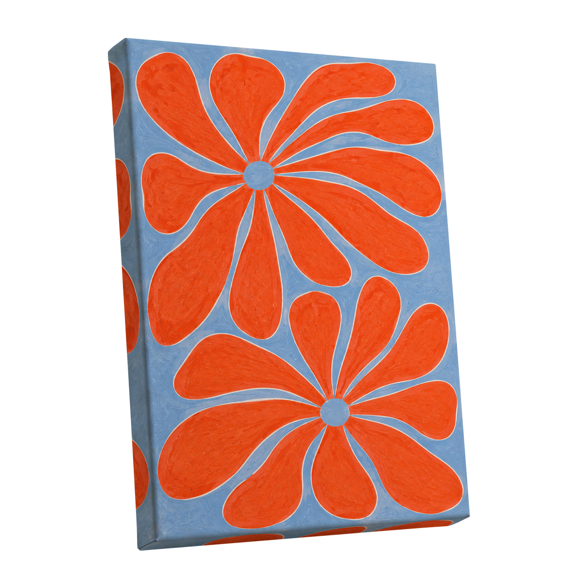 Tangerine Bloom, orange, blue, white floral wall art shown as a stretched canvas wall art