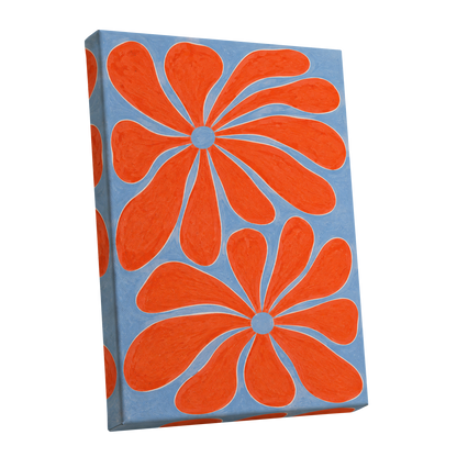 Tangerine Bloom, orange, blue, white floral wall art shown as a stretched canvas wall art
