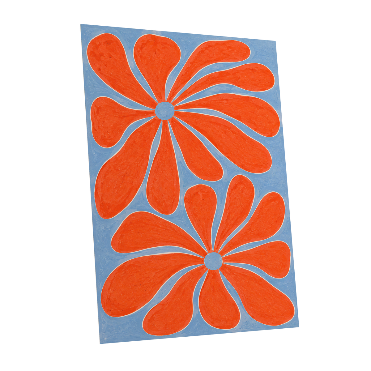 Tangerine Bloom, orange, blue, white floral wall art shown as a unframed poster wall art print