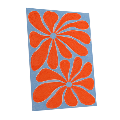 Tangerine Bloom, orange, blue, white floral wall art shown as a unframed poster wall art print