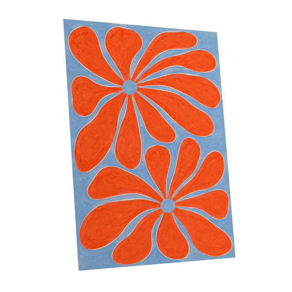 Tangerine Bloom, orange, blue, white floral wall art shown as a unframed poster wall art print