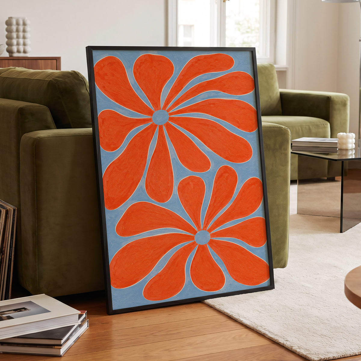 Tangerine Bloom, orange, blue, white floral wall art displayed in a styled interior, gallery view 2