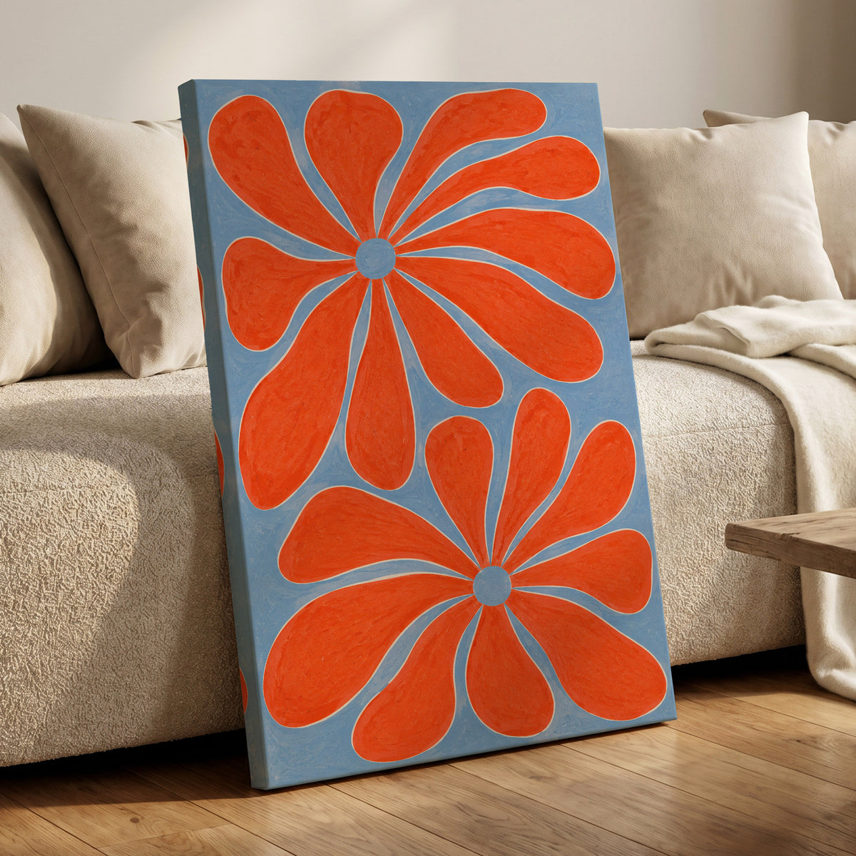 Tangerine Bloom, orange, blue, white floral wall art displayed in a styled interior, gallery view 3