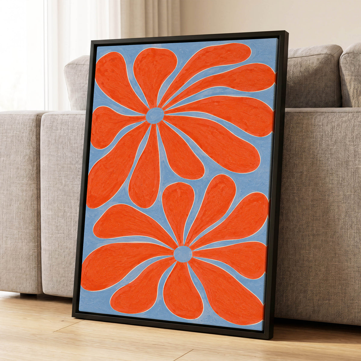 Tangerine Bloom, orange, blue, white floral wall art displayed in a styled interior, gallery view 4