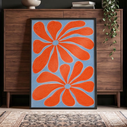 Tangerine Bloom, orange, blue, white floral wall art displayed in a styled interior, gallery view 6