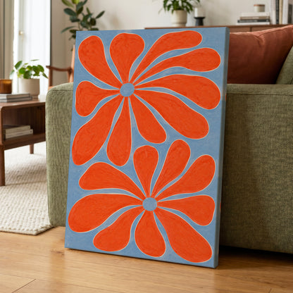 Tangerine Bloom, orange, blue, white floral wall art displayed in a styled interior, gallery view 7