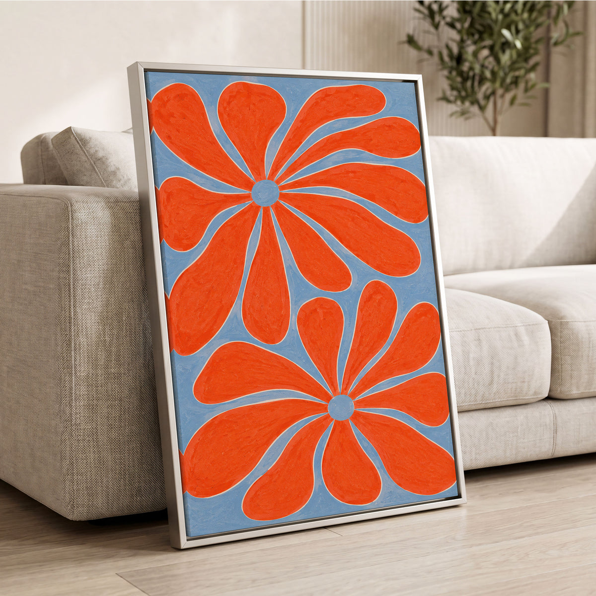 Tangerine Bloom, orange, blue, white floral wall art displayed in a styled interior, gallery view 8