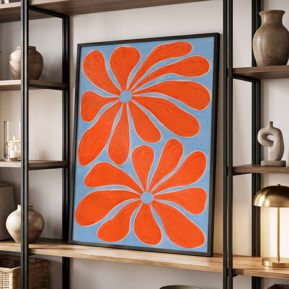 Tangerine Bloom, orange, blue, white floral wall art displayed in a styled interior, gallery view 9