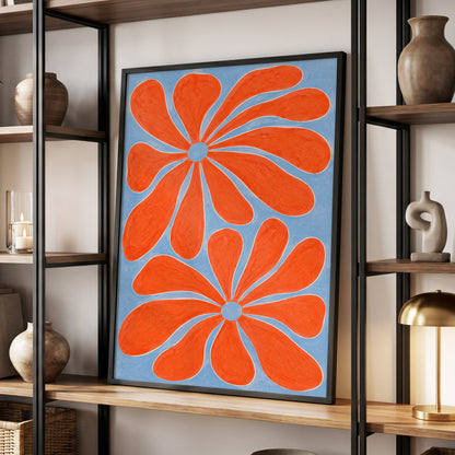 Tangerine Bloom, orange, blue, white floral wall art displayed in a styled interior, gallery view 9