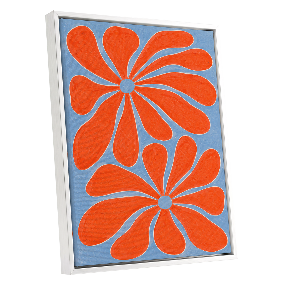 Tangerine Bloom, orange, blue, white floral wall art shown as a white framed canvas wall art