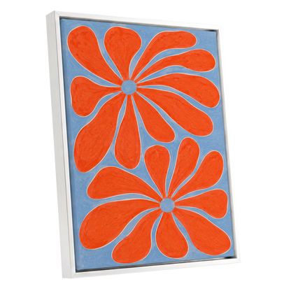 Tangerine Bloom, orange, blue, white floral wall art shown as a white framed canvas wall art