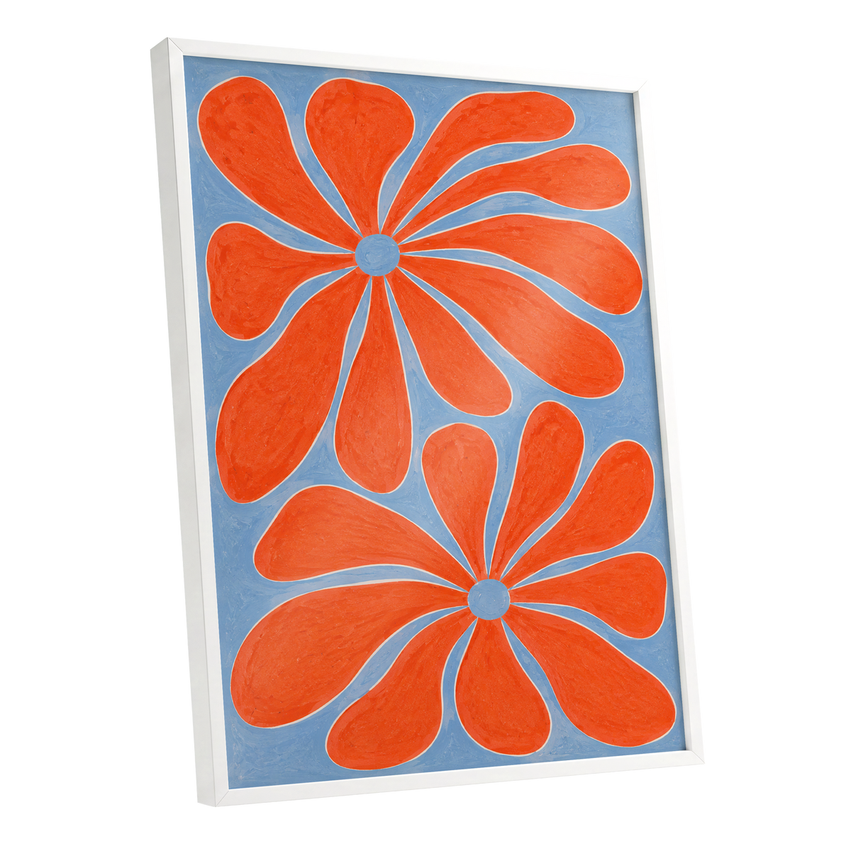 Tangerine Bloom, orange, blue, white floral wall art shown as a white framed poster wall art print