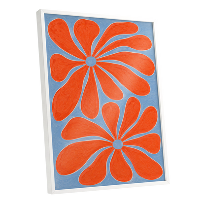 Tangerine Bloom, orange, blue, white floral wall art shown as a white framed poster wall art print