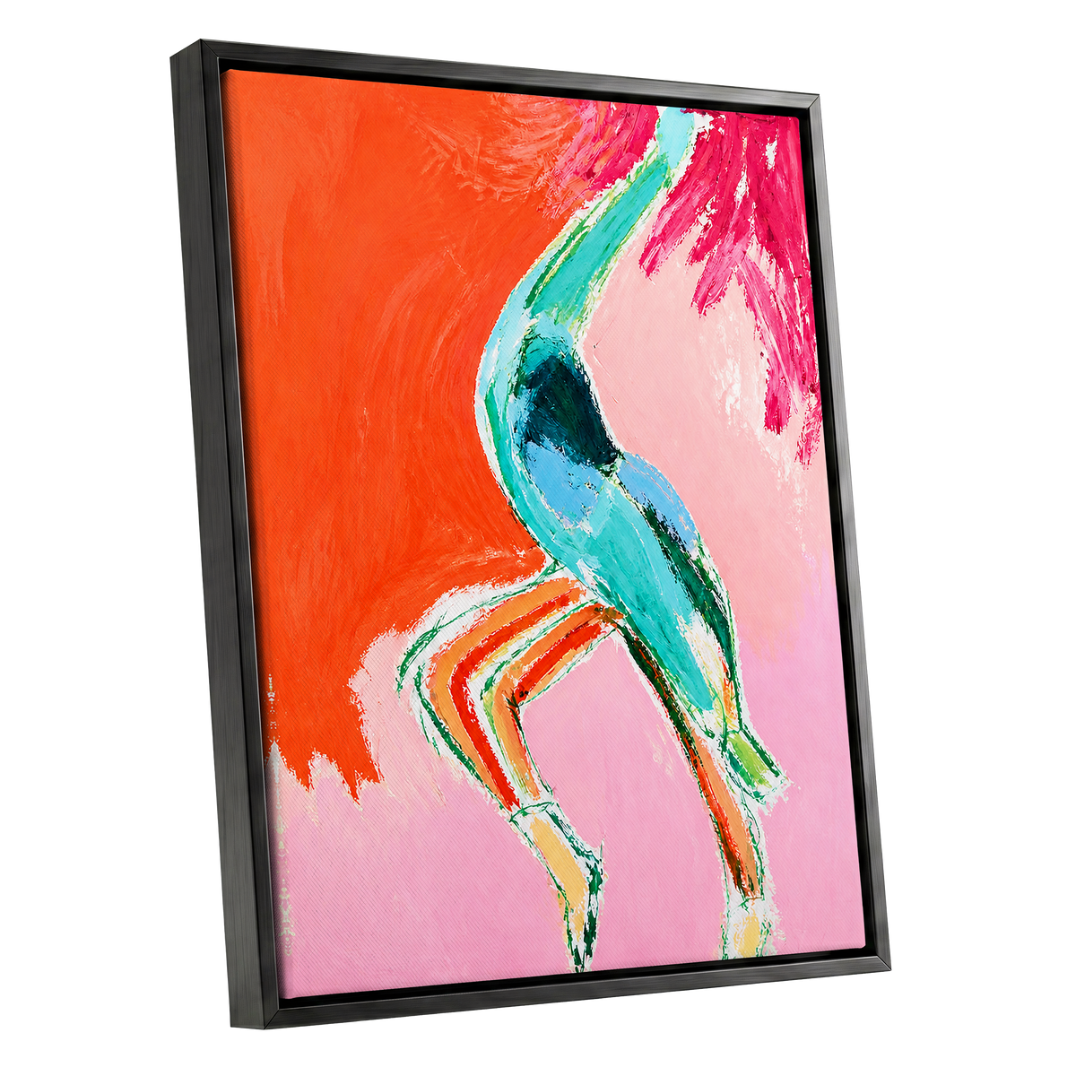 Tangerine Current, orange, pink, blue abstract wall art shown as a black framed canvas wall art