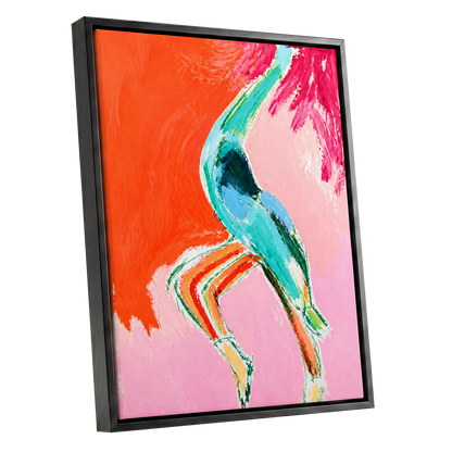 Tangerine Current, orange, pink, blue abstract wall art shown as a black framed canvas wall art