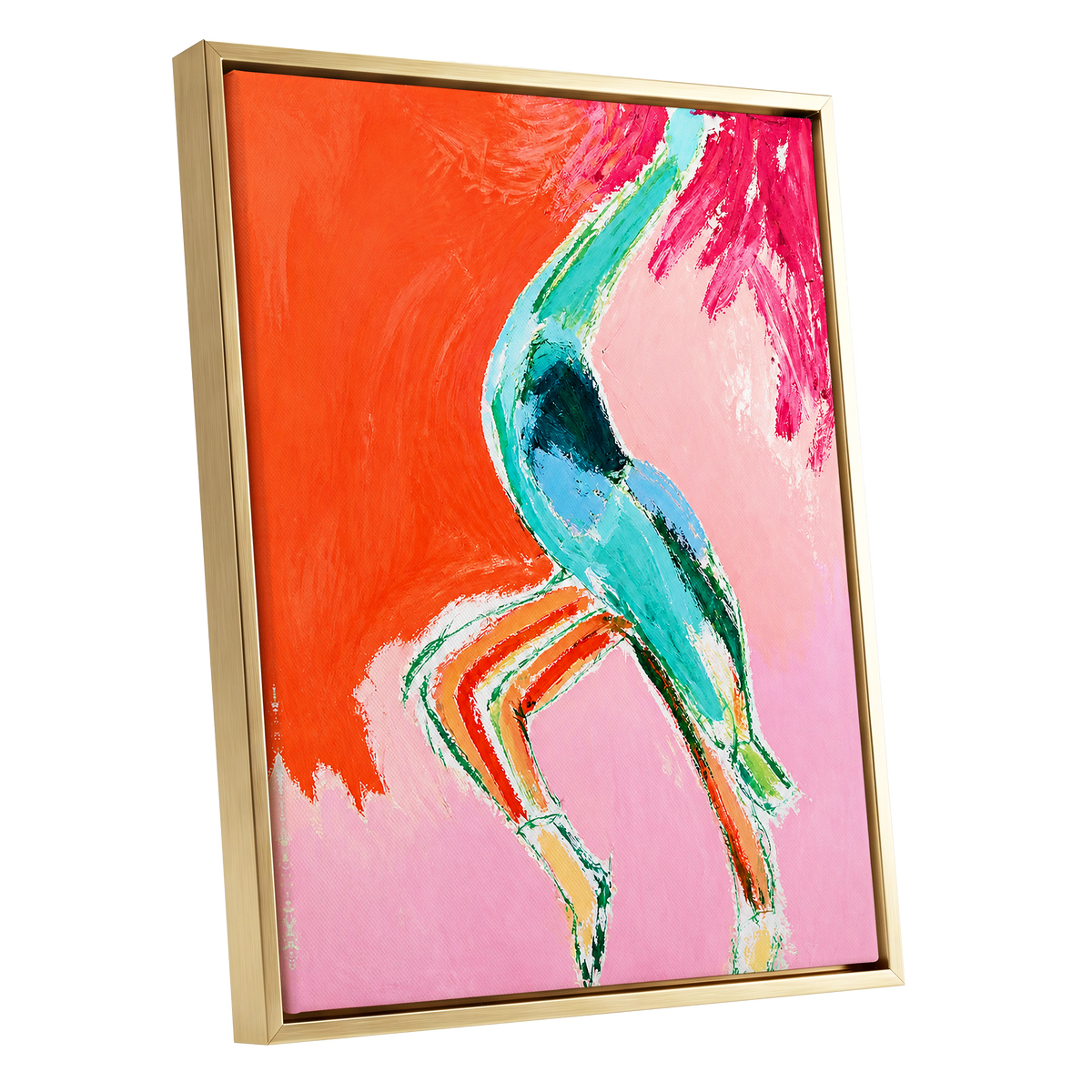 Tangerine Current, orange, pink, blue abstract wall art shown as a gold framed canvas wall art