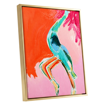 Tangerine Current, orange, pink, blue abstract wall art shown as a gold framed canvas wall art