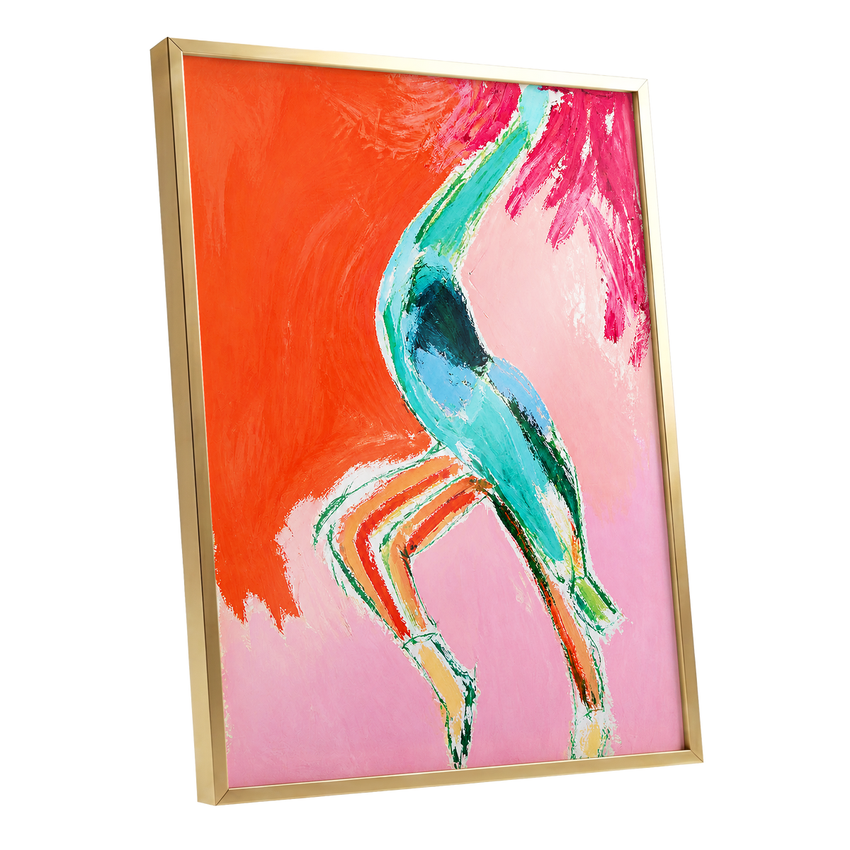 Tangerine Current, orange, pink, blue abstract wall art shown as a gold framed poster wall art print