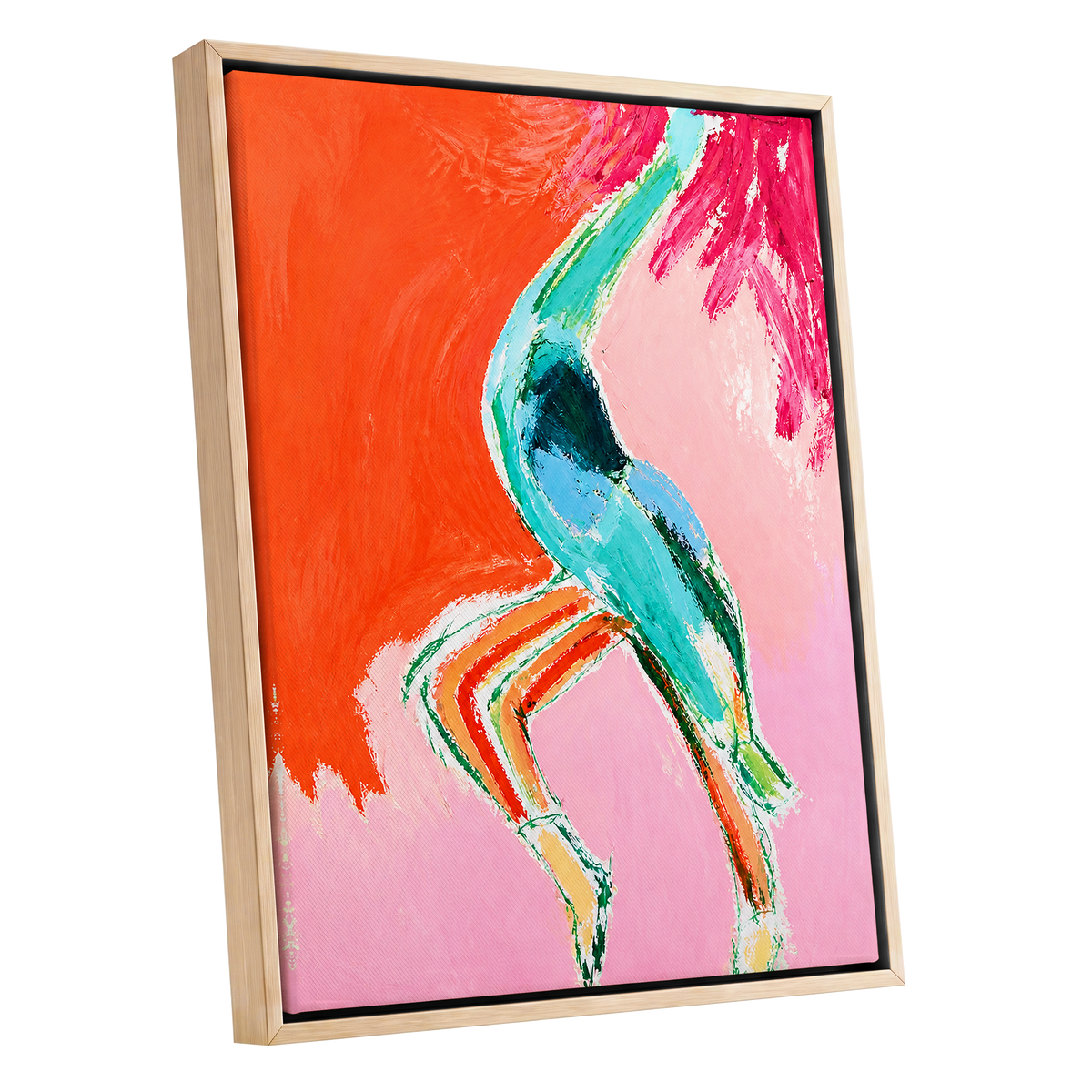 Tangerine Current, orange, pink, blue abstract wall art shown as a oak framed canvas wall art