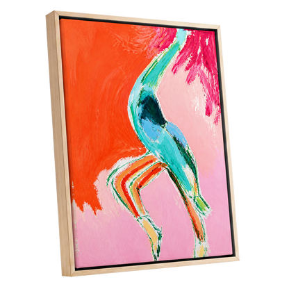 Tangerine Current, orange, pink, blue abstract wall art shown as a oak framed canvas wall art