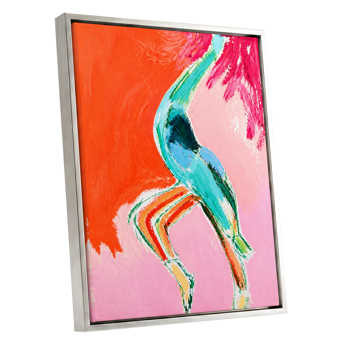 Tangerine Current, orange, pink, blue abstract wall art shown as a silver framed canvas wall art