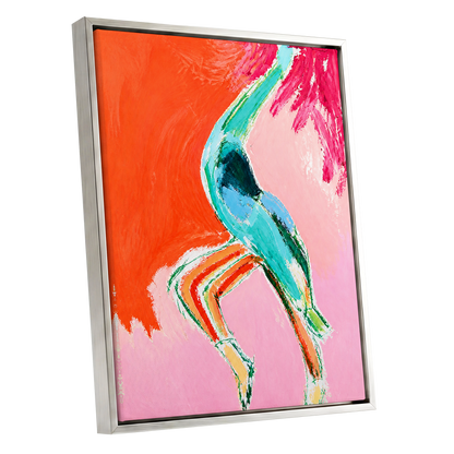 Tangerine Current, orange, pink, blue abstract wall art shown as a silver framed canvas wall art