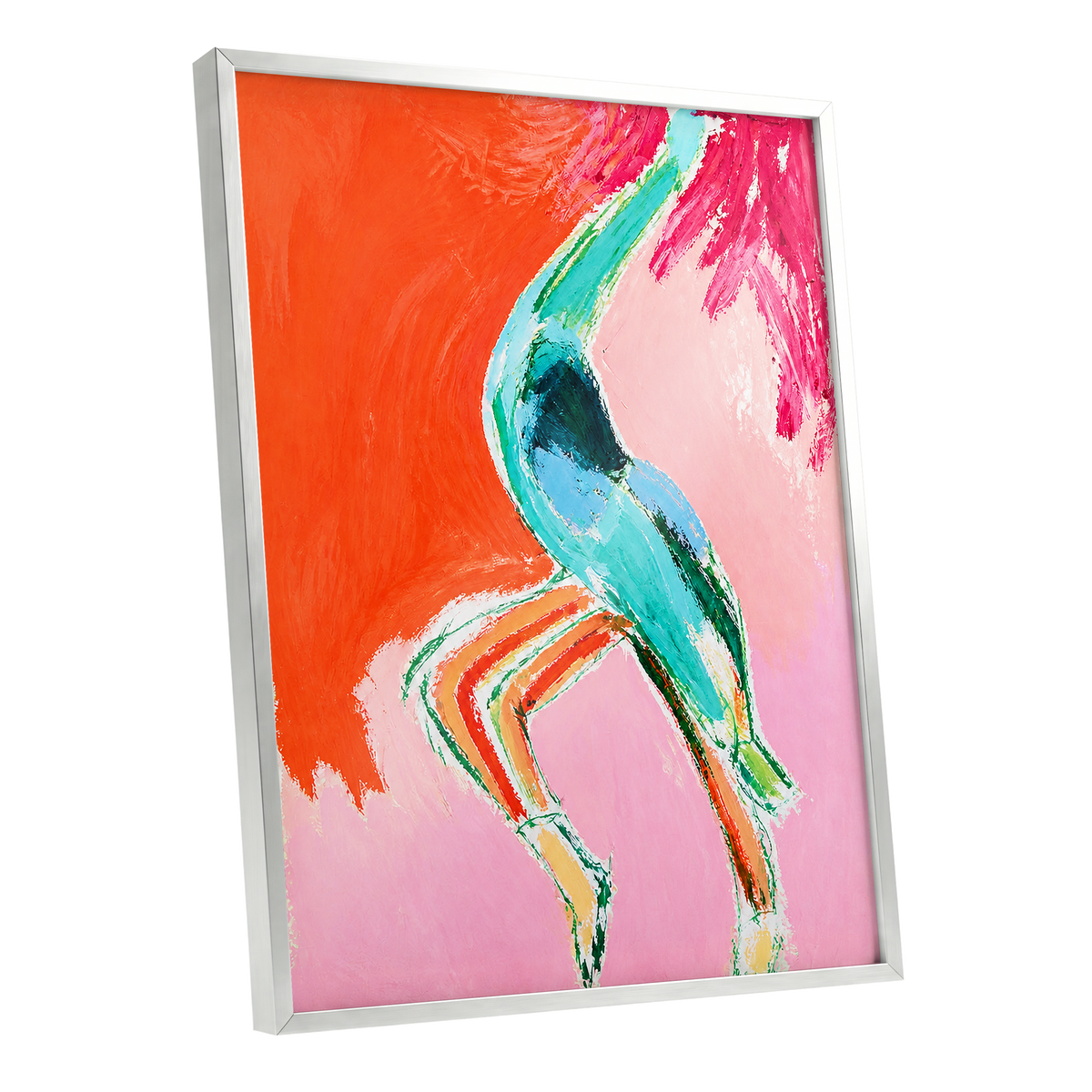 Tangerine Current, orange, pink, blue abstract wall art shown as a silver framed poster wall art print