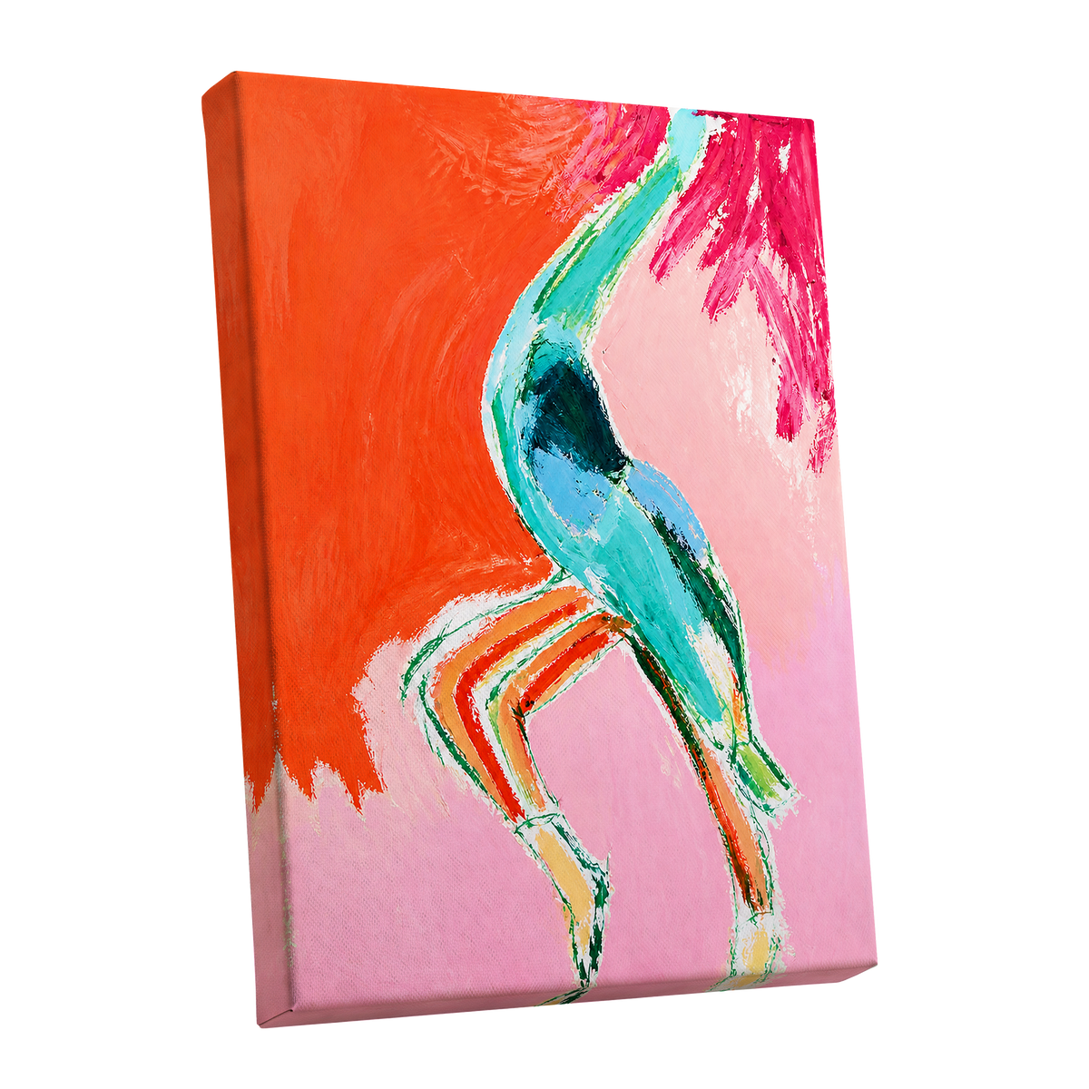Tangerine Current, orange, pink, blue abstract wall art shown as a stretched canvas wall art