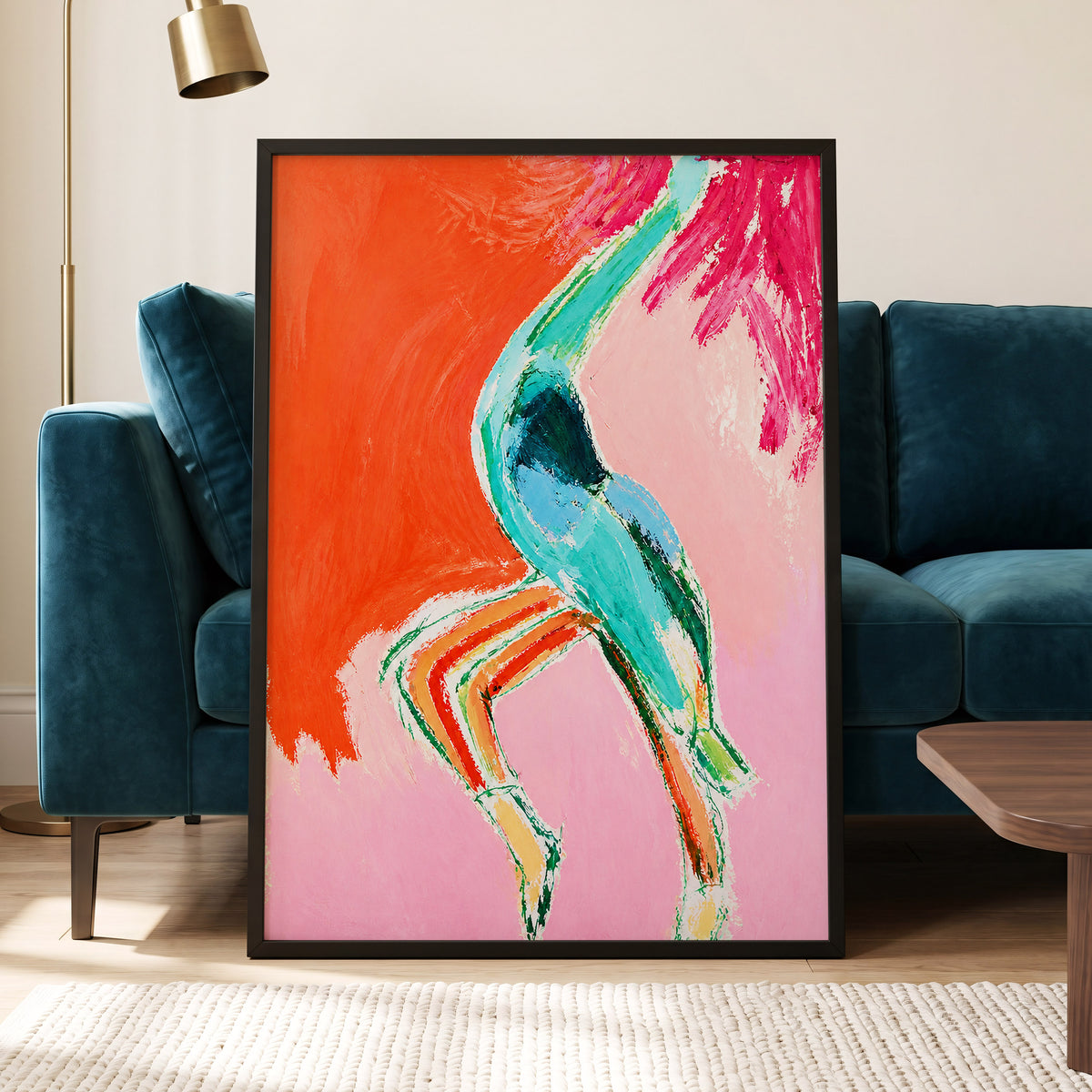Tangerine Current, orange, pink, blue abstract wall art displayed in a styled interior, gallery view 2