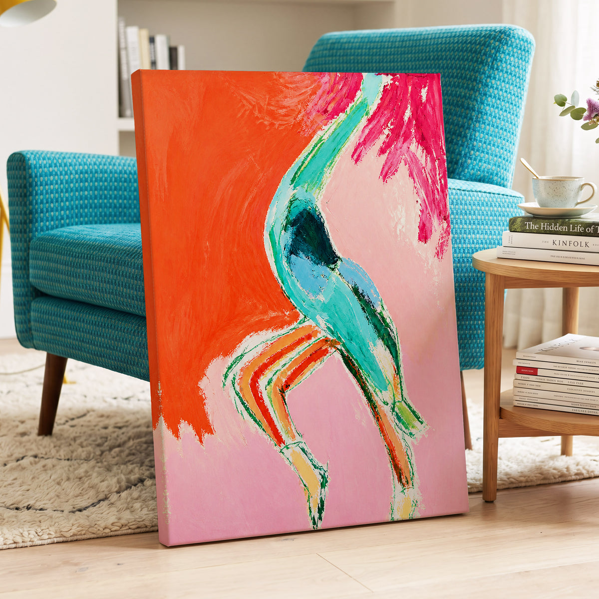 Tangerine Current, orange, pink, blue abstract wall art displayed in a styled interior, gallery view 3