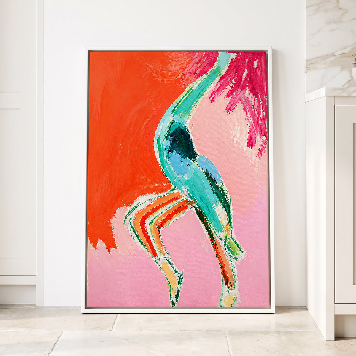 Tangerine Current, orange, pink, blue abstract wall art displayed in a styled interior, gallery view 4