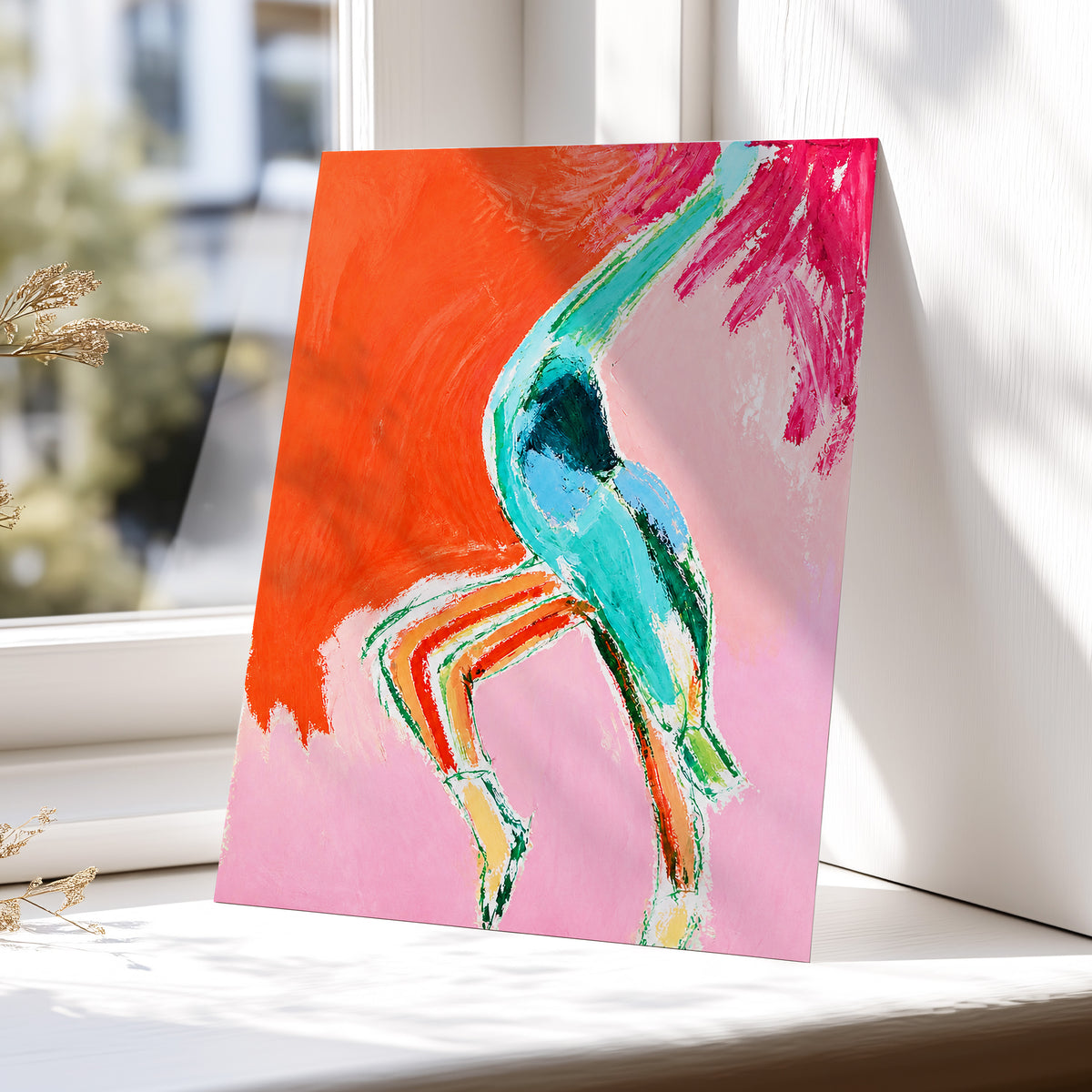 Tangerine Current, orange, pink, blue abstract wall art displayed in a styled interior, gallery view 5